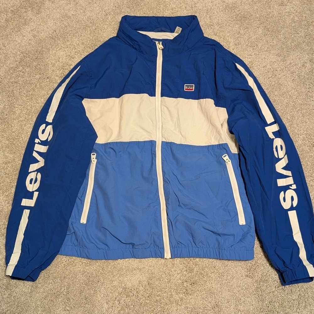 Levi's Windbreaker Jacket Mens XXL Blue Colorblock Logo Sleeve Full Zip‎